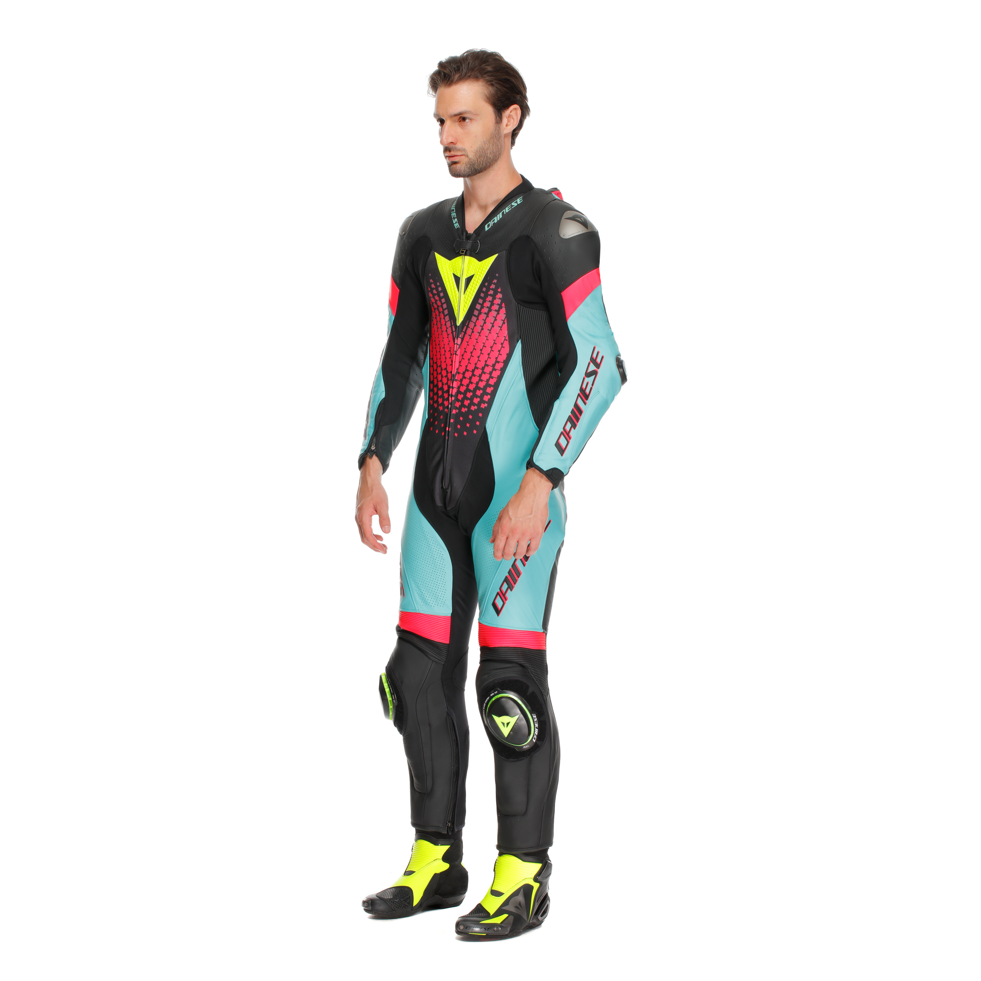 Dainese Laguna Seca 6 Einteiler leren overall – Geperforeerd racepak | Heren | Turquoise/Pink/Neon Geel 