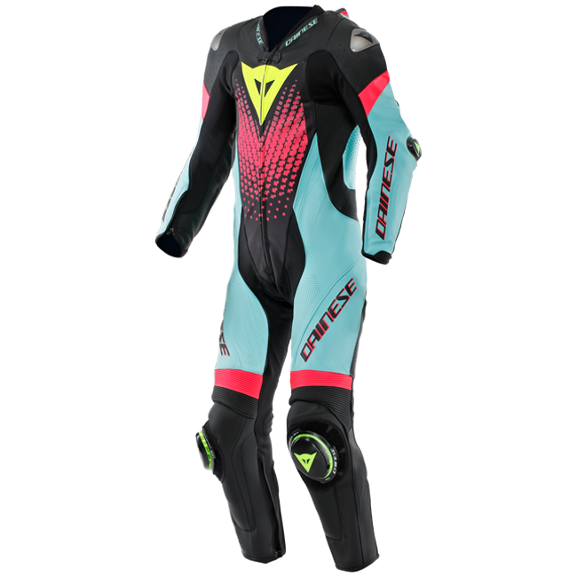Dainese Laguna Seca 6 Einteiler leren overall – Geperforeerd racepak | Heren | Turquoise/Pink/Neon Geel 