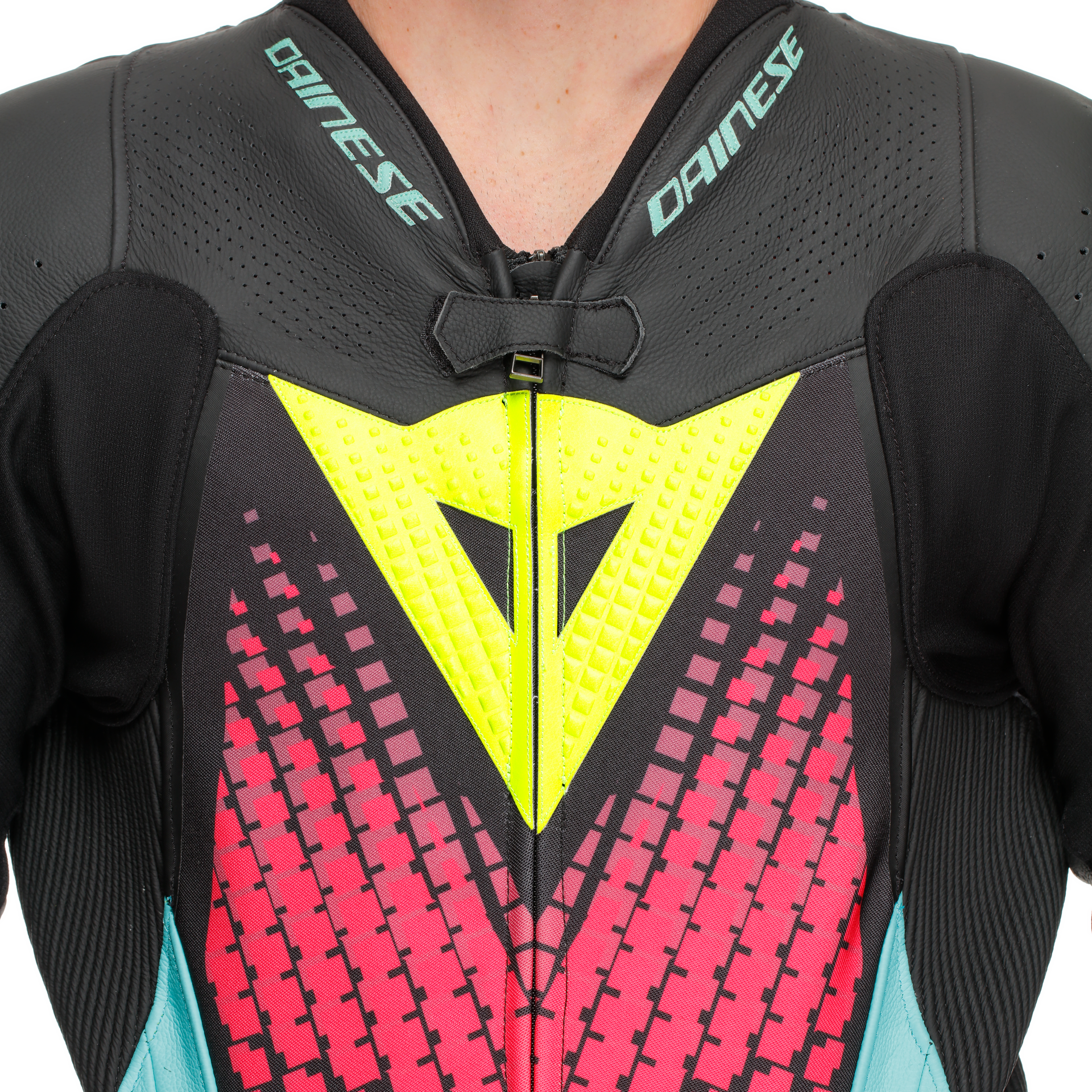 Dainese Laguna Seca 6 Einteiler leren overall – Geperforeerd racepak | Heren | Turquoise/Pink/Neon Geel 