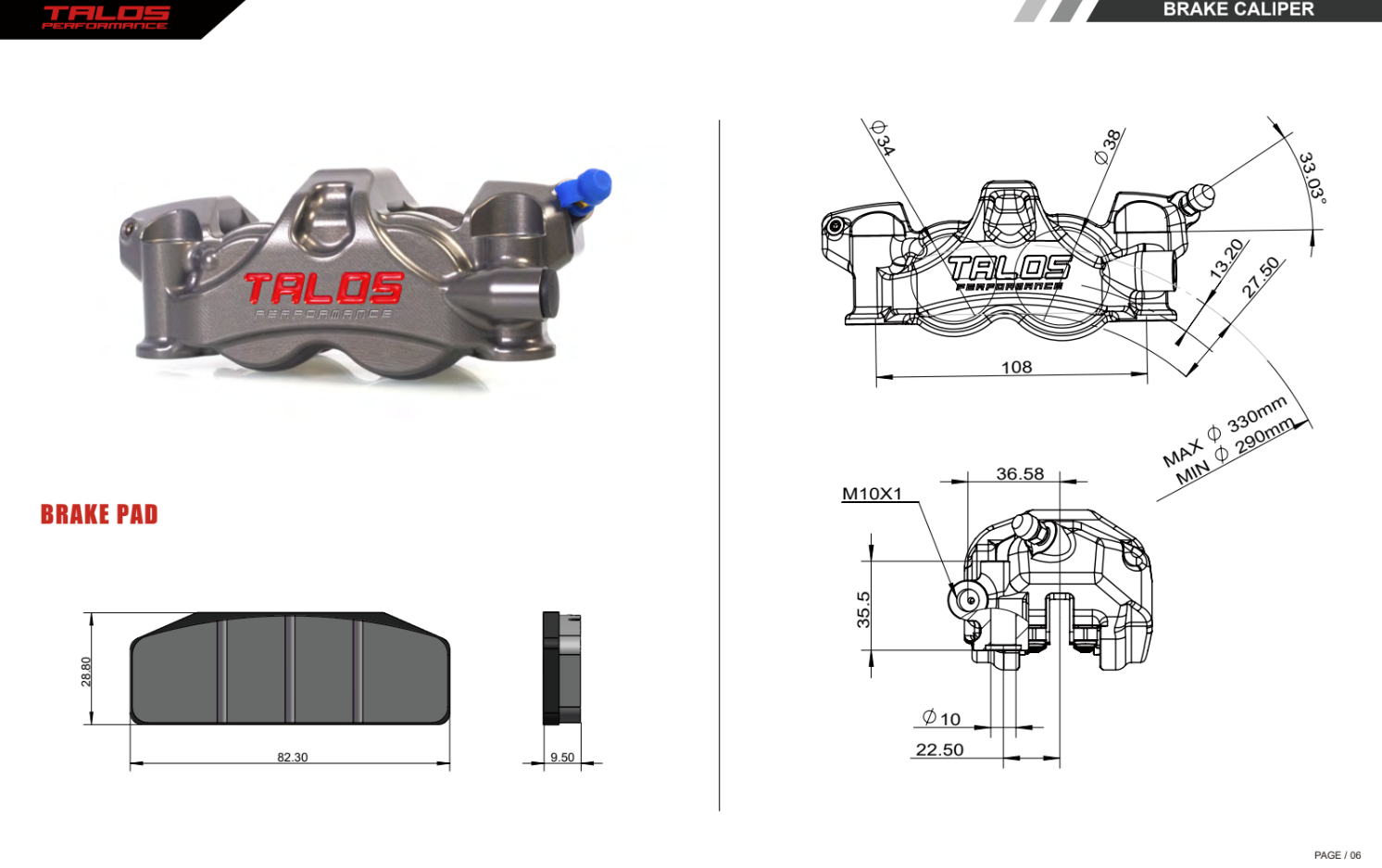 Talos X80 SBK Racing Monoblock P4 34/38 108mm Remklauw Voor Links | X80.108.HD.L 