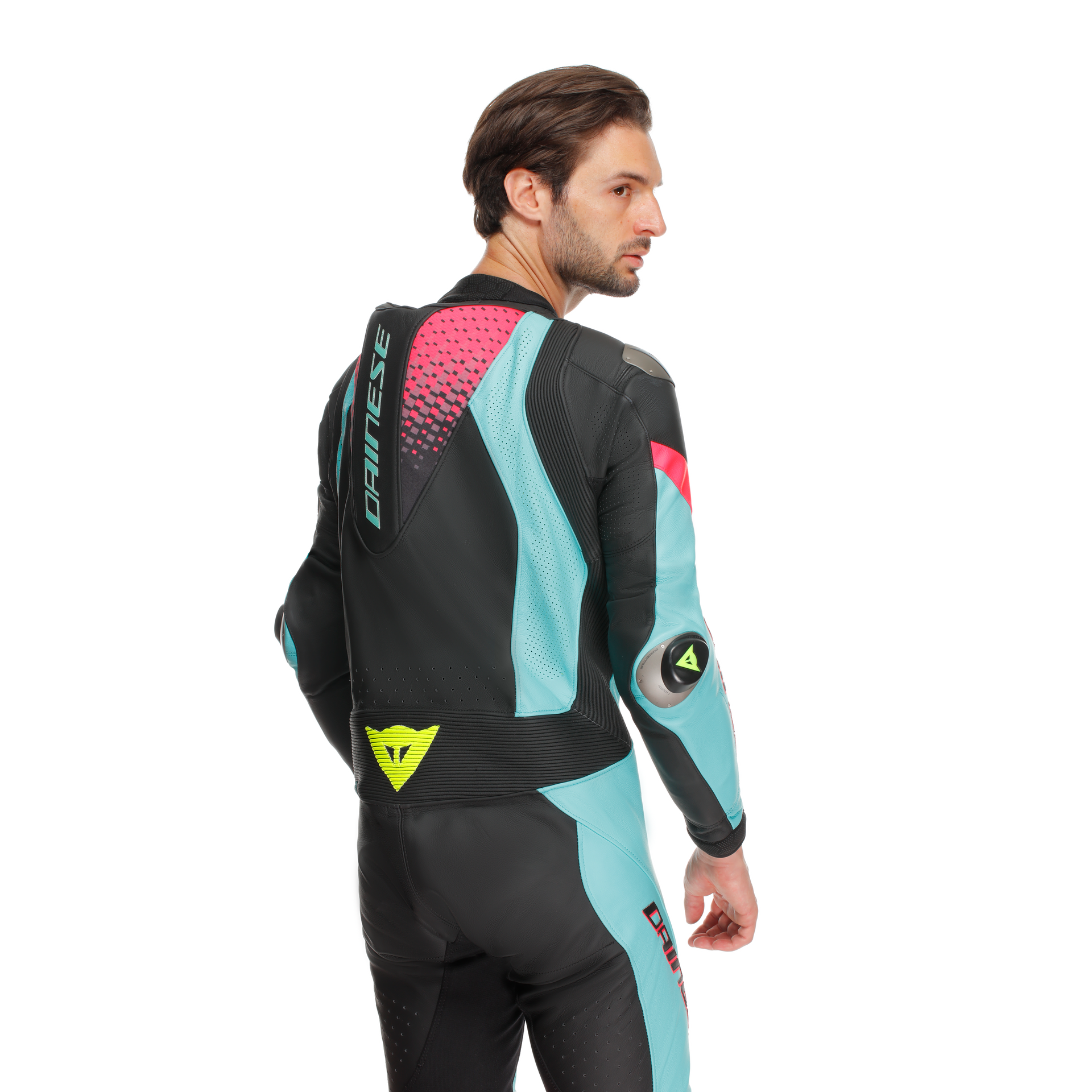 Dainese Laguna Seca 6 Einteiler leren overall – Geperforeerd racepak | Heren | Turquoise/Pink/Neon Geel 
