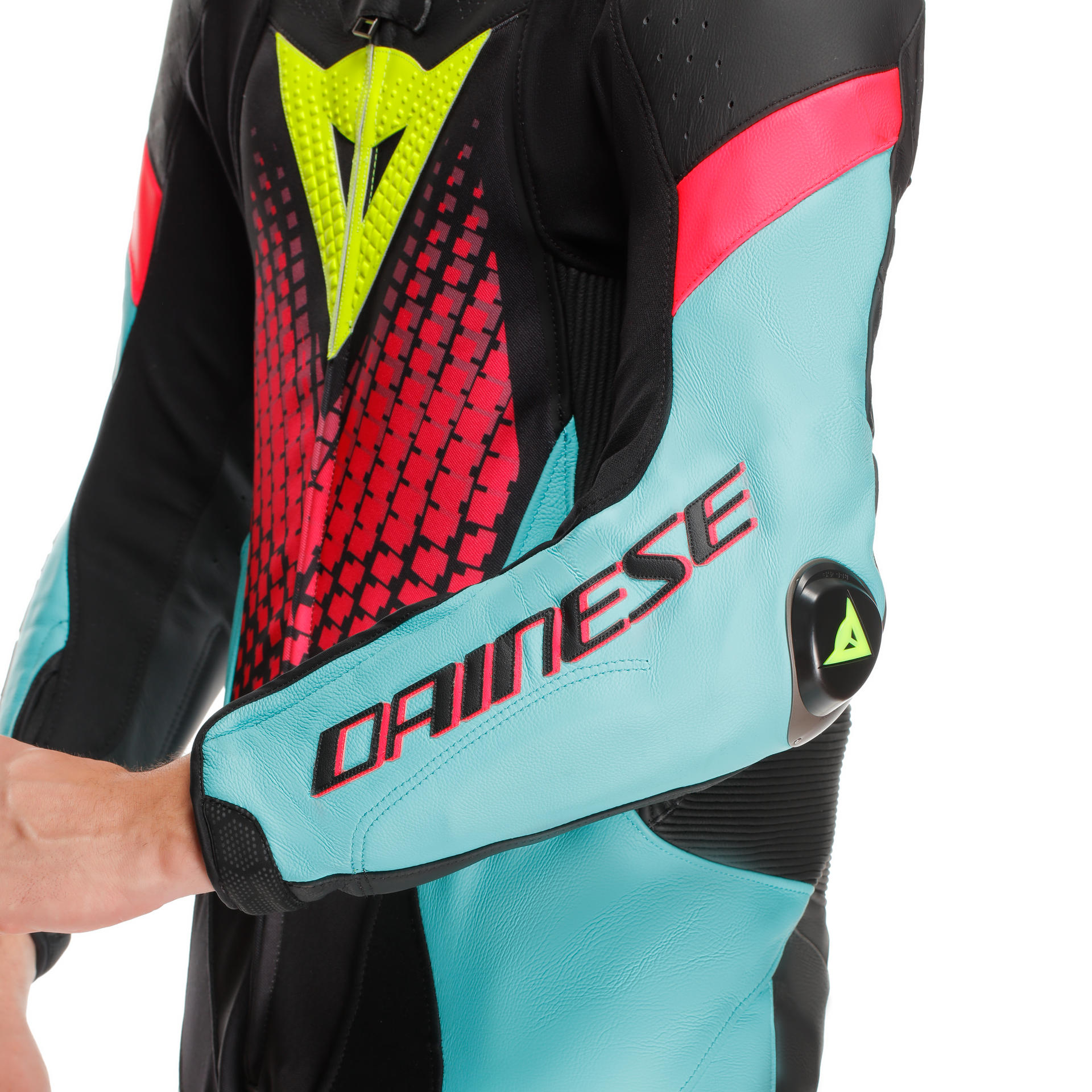 Dainese Laguna Seca 6 Einteiler leren overall – Geperforeerd racepak | Heren | Turquoise/Pink/Neon Geel 