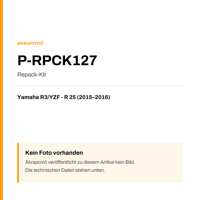 Akrapovic Repack-Kit Yamaha R3 / YZF - R 25 (15-16) P-RPCK127 — Platzhalter, kein Herstellerfoto verfügbar