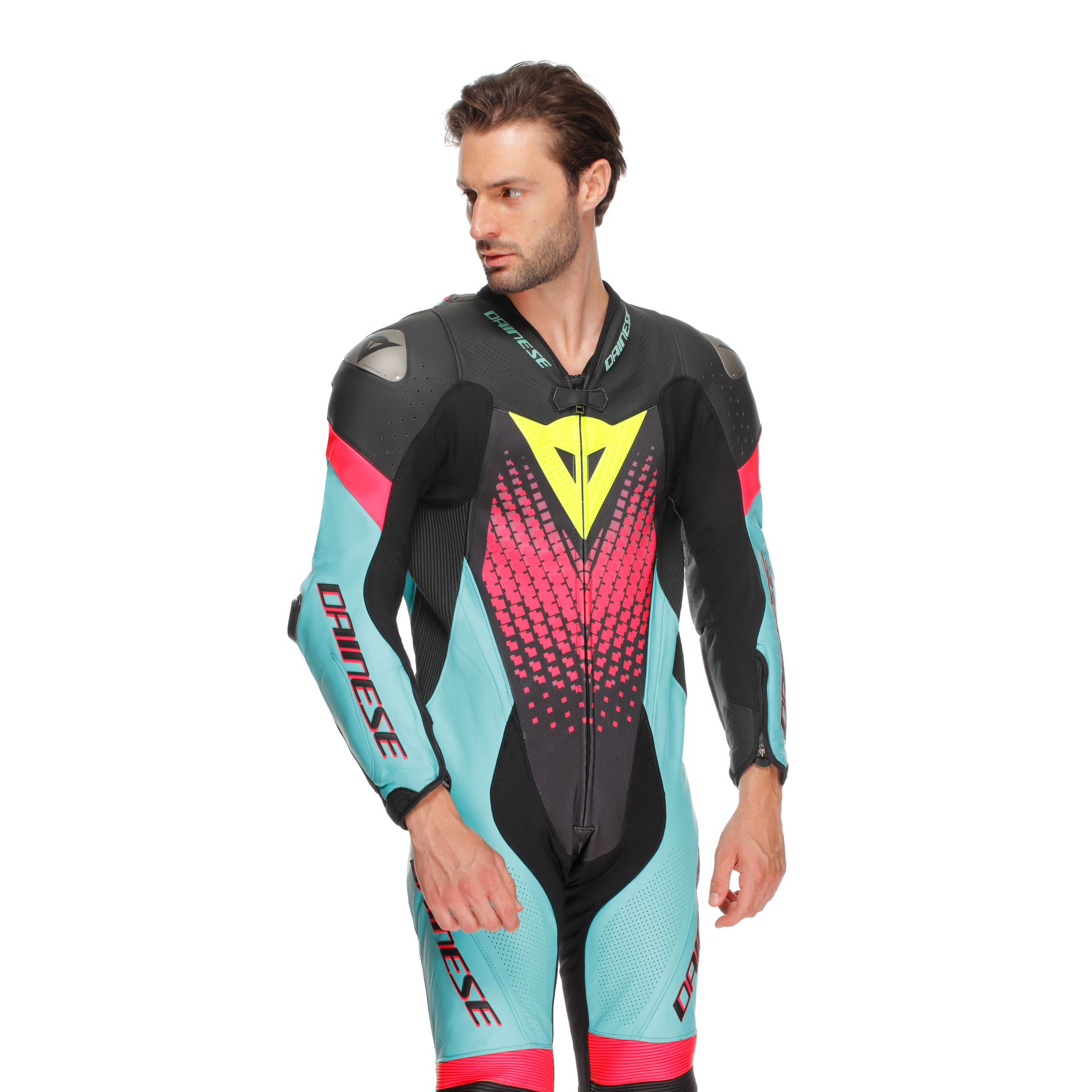 Dainese Laguna Seca 6 Einteiler leren overall – Geperforeerd racepak | Heren | Turquoise/Pink/Neon Geel 