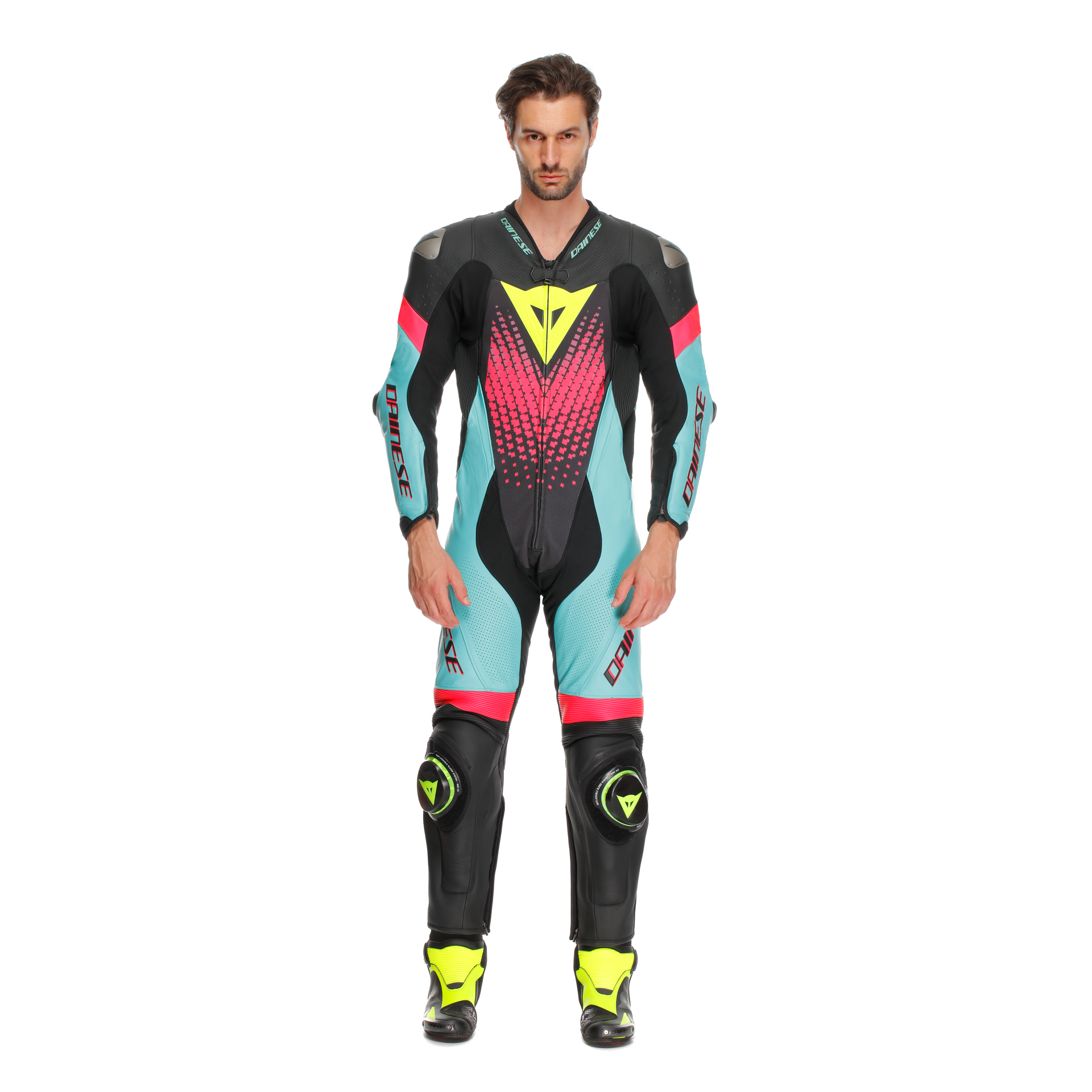 Dainese Laguna Seca 6 Einteiler leren overall – Geperforeerd racepak | Heren | Turquoise/Pink/Neon Geel 