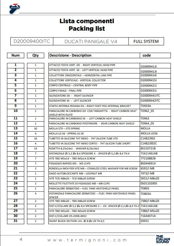 Termignoni compleet uitlaatsysteem roestvrij staal D200 RHT Ducati Panigale V4/S (18-24) D20009400ITC 
