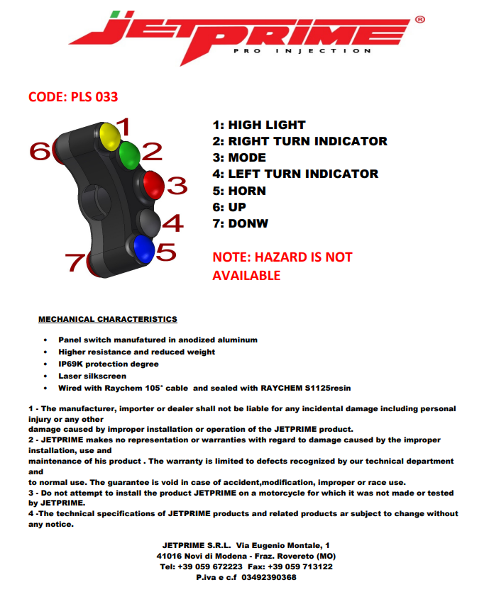 Stuurknop straat links JetPrime Yamaha YZF-R1/M RN65 (20-25) JP PLS 033 