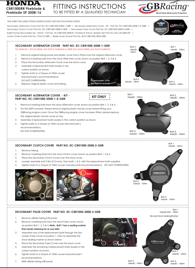 Motorcover Beschermers Compleetset GBRacing Honda CBR 1000 RR (12-16) 